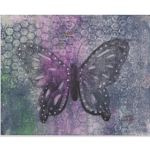 Original butterfly painting on paper - cool colors - purple, blue green black - Picture 2 of 2